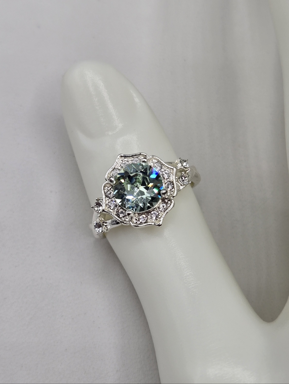 Swarovski Silver Ring with Teal Center Crystal and Clear Halo - Picture 2 of 6